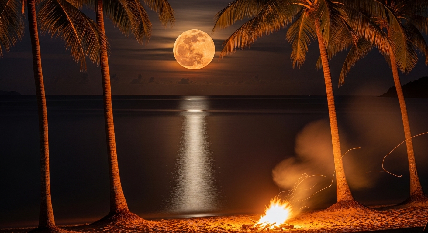 Vollmond über dem Golf von Thailand bei Koh Tao mit Palmensilhouetten und Strandfeuer