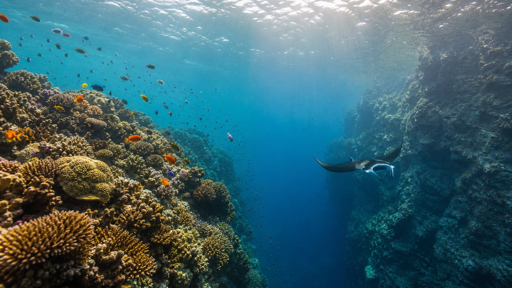Unterwasservergleich zwischen Koh Tao und Koh Lanta – Korallenriff mit bunten Fischen links, tiefer Wandtauchgang mit Manta rechts