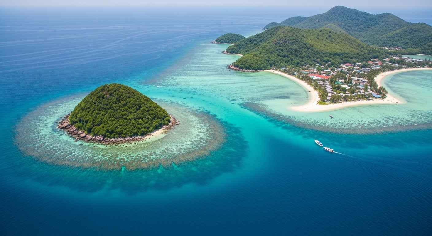 Luftaufnahme von Koh Tao und Koh Phangan im Golf von Thailand mit türkisem Wasser