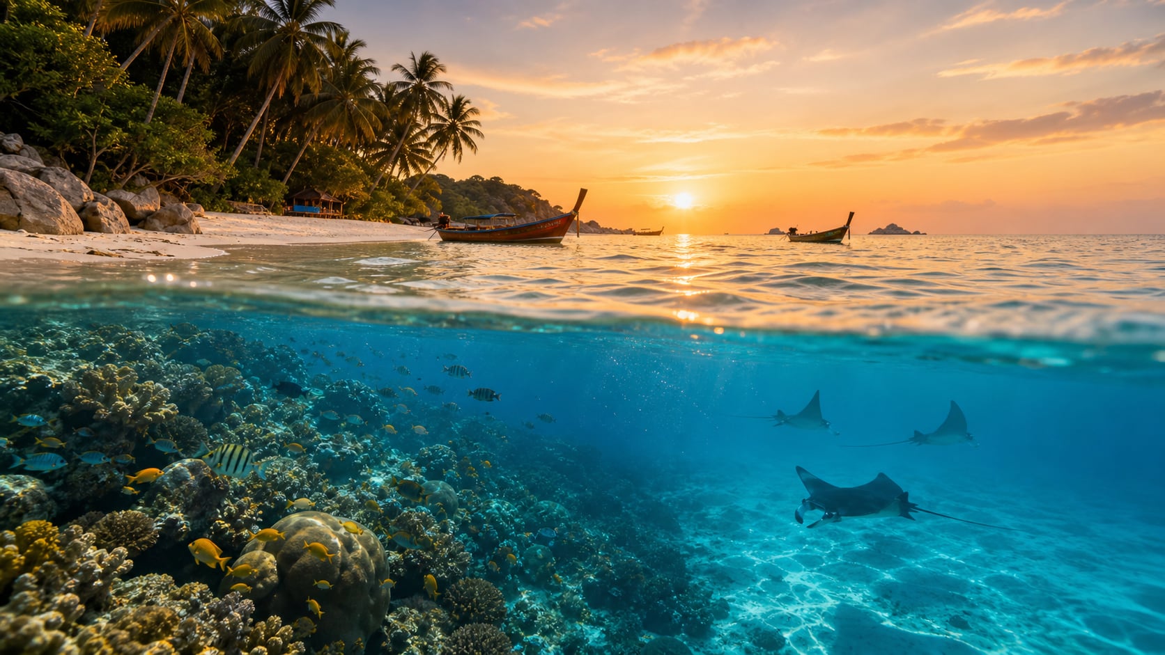 Collage: Korallenriff auf Koh Tao mit tropischen Fischen links, weiter Ozean mit Mantarochen auf den Malediven rechts