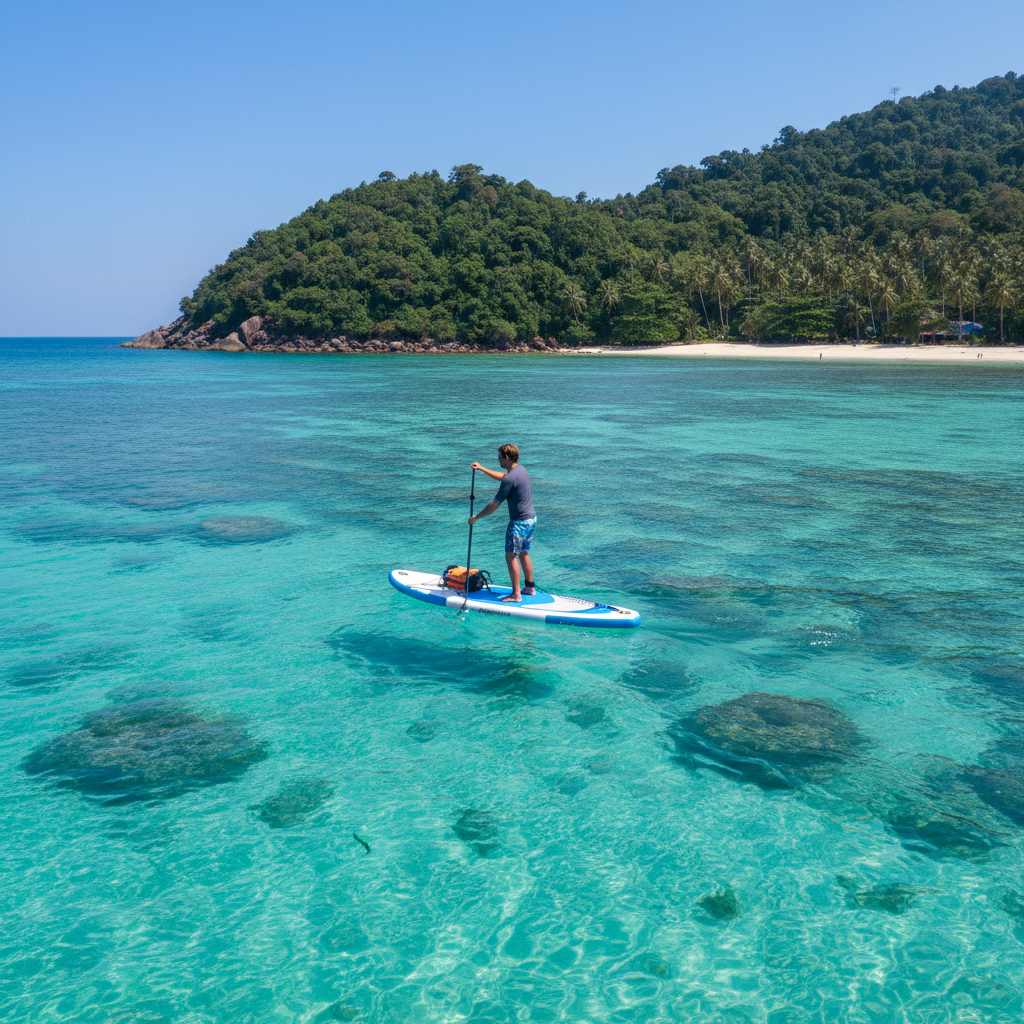 Stand-Up-Paddler auf türkisem Wasser rund um Koh Tao bei strahlendem Sonnenschein