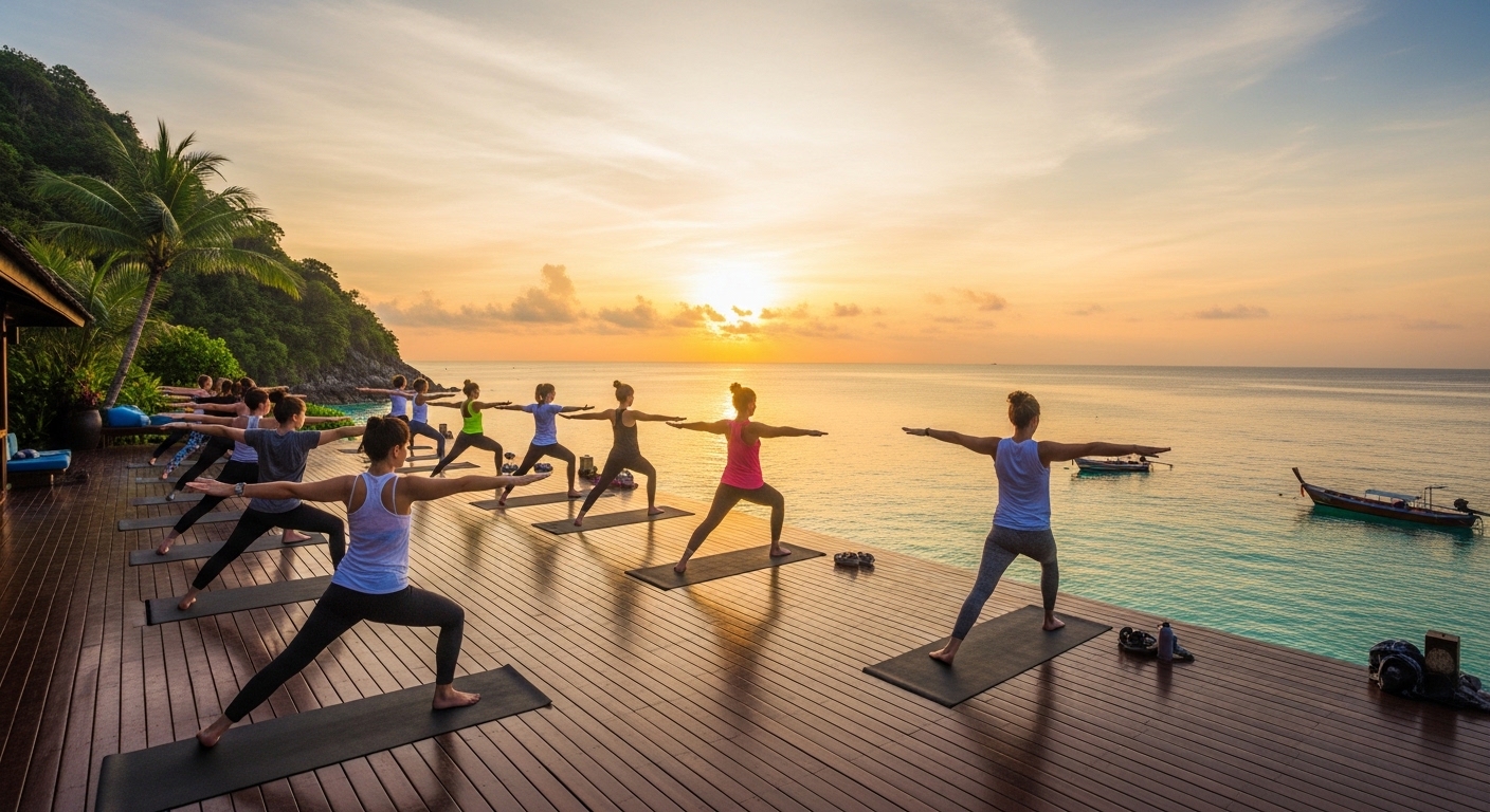 Yoga-Gruppe bei Sonnenaufgang auf einer Terrasse mit Meerblick auf Koh Tao