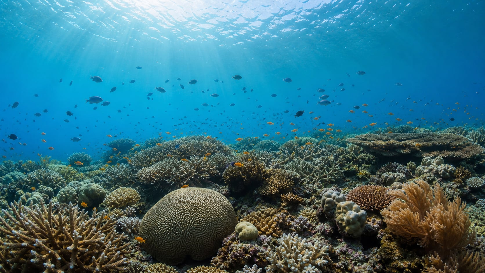 Farbenfrohes Korallenriff auf Koh Tao mit Tafelkorallen, Weichkorallen und tropischen Fischen im türkisblauen Wasser