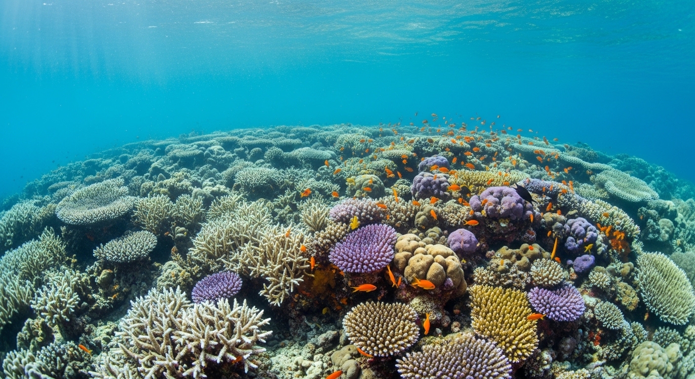 Gebleichte weiße Korallen neben gesunden bunten Korallen auf einem Riff vor Koh Tao, Thailand