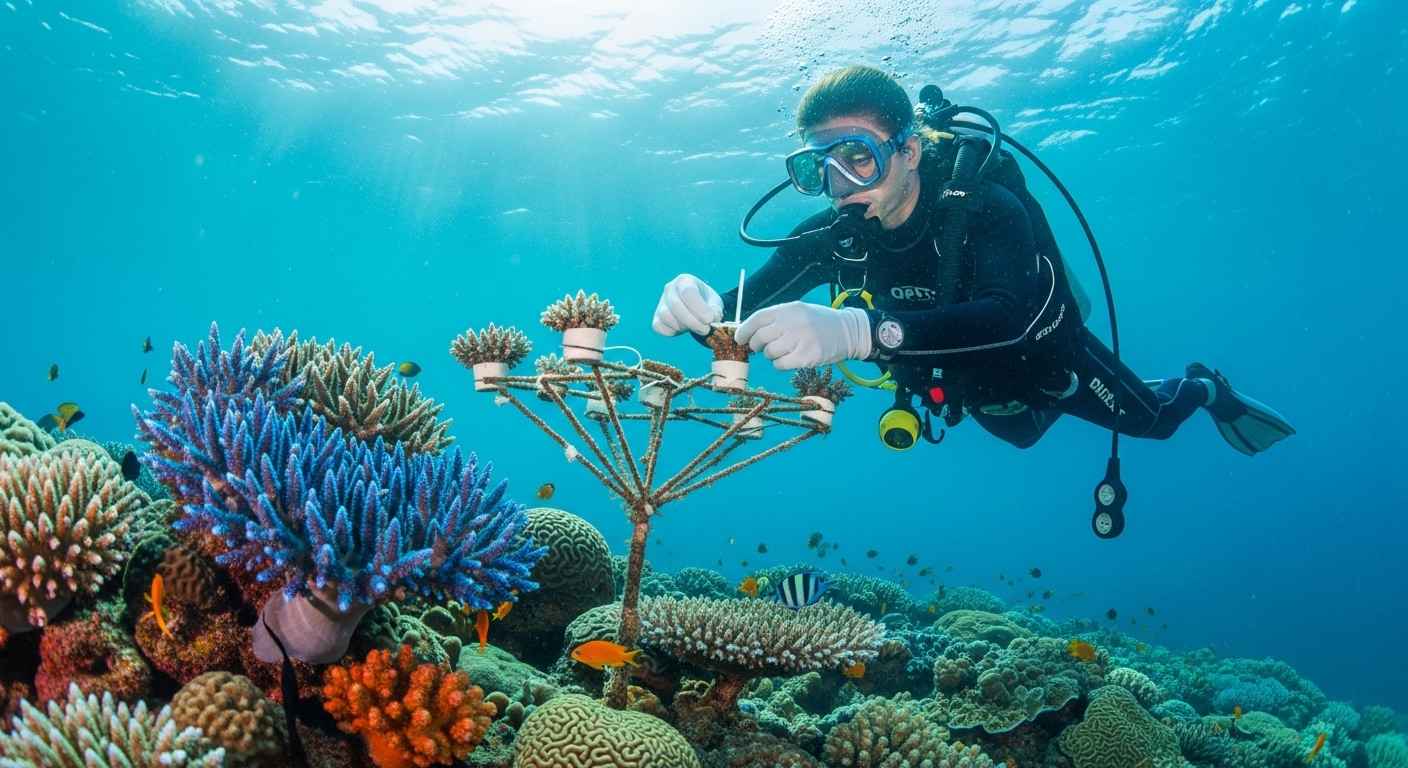 Taucher befestigt vorsichtig ein Korallenfragment an einer Unterwasser-Korallenbaum-Struktur im klaren Wasser vor Koh Tao
