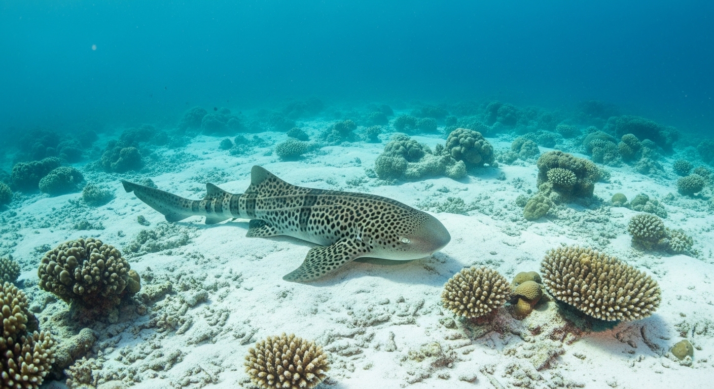 Zebrahai ruht auf einem Sandfleck am ruhigen Tauchspot Laem Thien, Ostküste Koh Tao
