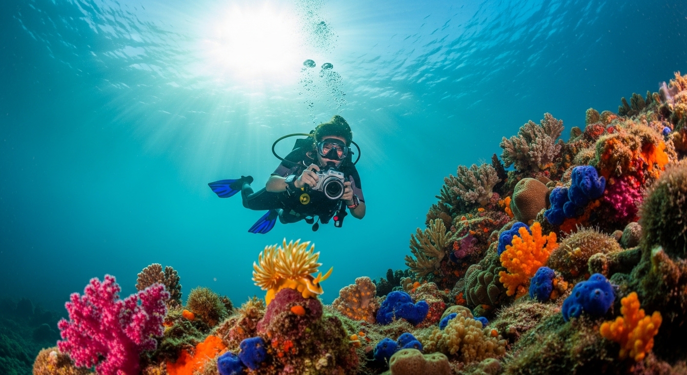 Taucher fotografiert Nacktschnecke an buntem Korallenriff in der Lighthouse Bay auf Koh Tao