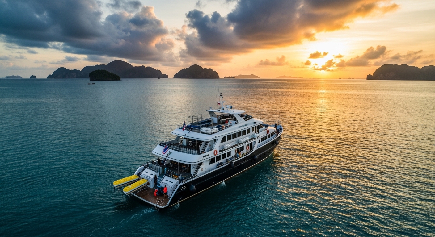 Liveaboard Tauchboot segelt durch das türkisblaue Meer Thailands