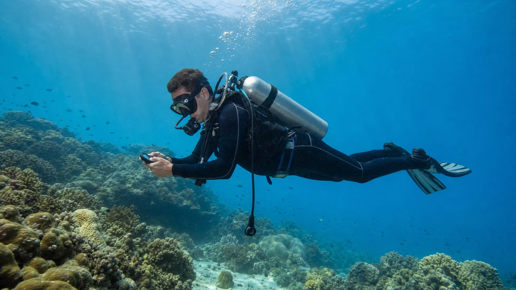 Entspannter Taucher schwebt mit perfekter Tarierung über einem Korallenriff auf Koh Tao