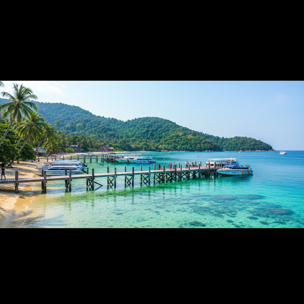 Mae Haad Pier auf Koh Tao mit Fährbooten, Palmen und türkisem Wasser