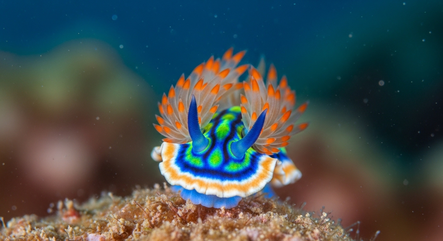 Nahaufnahme einer leuchtenden Nacktschnecke auf einem Korallenriff bei Koh Tao Thailand
