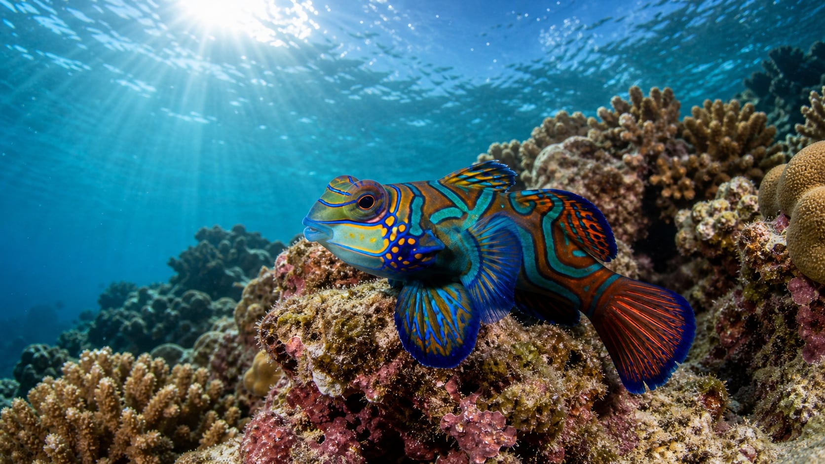 Leuchtend bunter Mandarinfisch mit blau-orange-grünem Muster auf Korallenriff bei Koh Tao