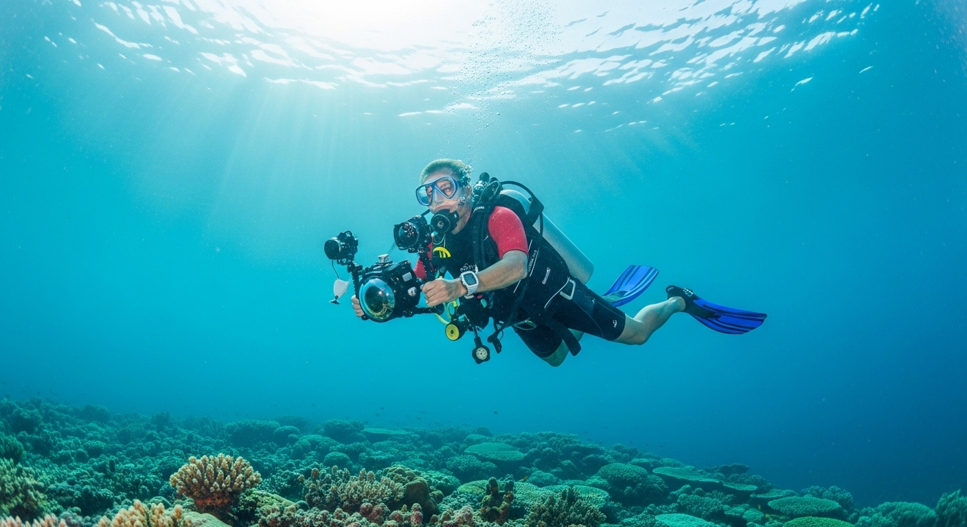 Erfahrener Taucher mit Tauchcomputer und professioneller Ausrüstung an einem Korallenriff auf Koh Tao
