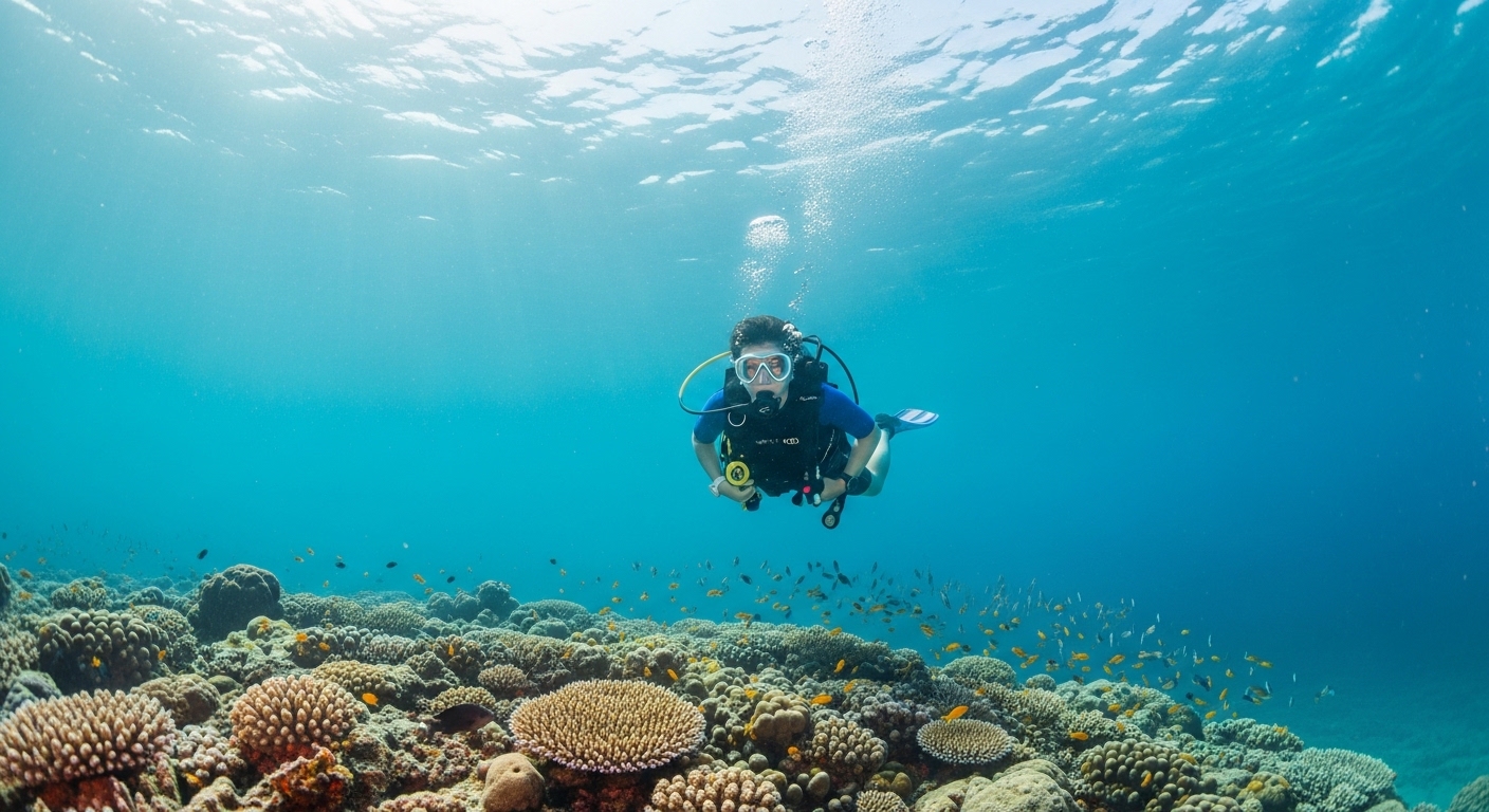 Taucher schwebt über buntem Korallenriff auf Koh Tao beim ersten Tauchgang