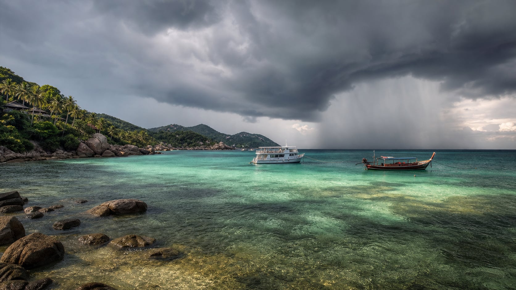 Dunkle Monsunwolken über dem Golf von Thailand mit Tauchboot vor der Küste von Koh Tao