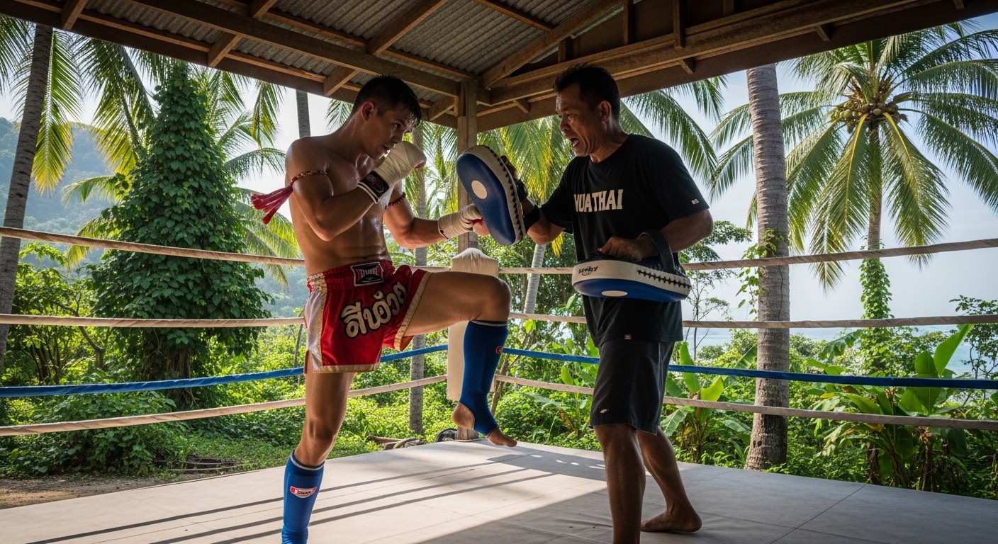 Muay-Thai-Training in einem Outdoor-Boxcamp auf Koh Tao mit Trainer und Sandsack