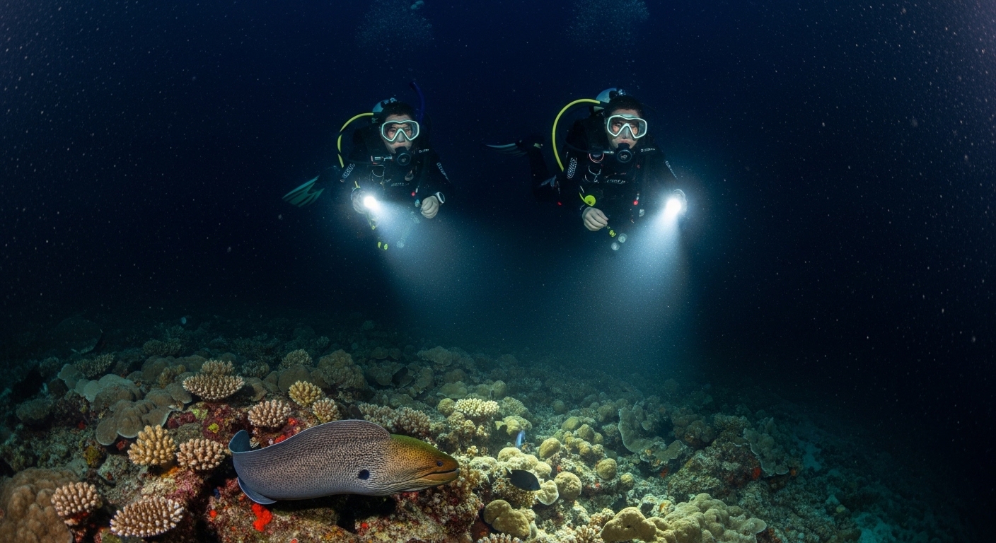 Taucher mit Unterwasserlampe erkundet Korallenriff bei Nacht auf Koh Tao