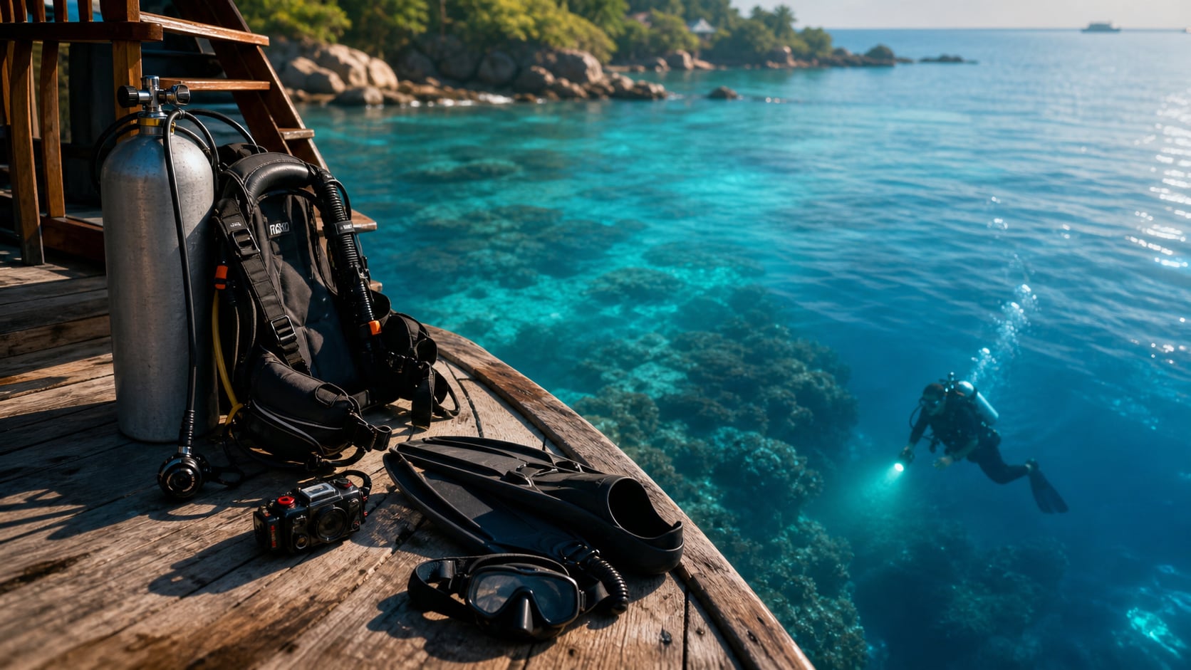 Taucher mit Unterwasserlampe taucht bei Nacht am Korallenriff vor Koh Tao mit biolumineszentem Leuchten im Wasser