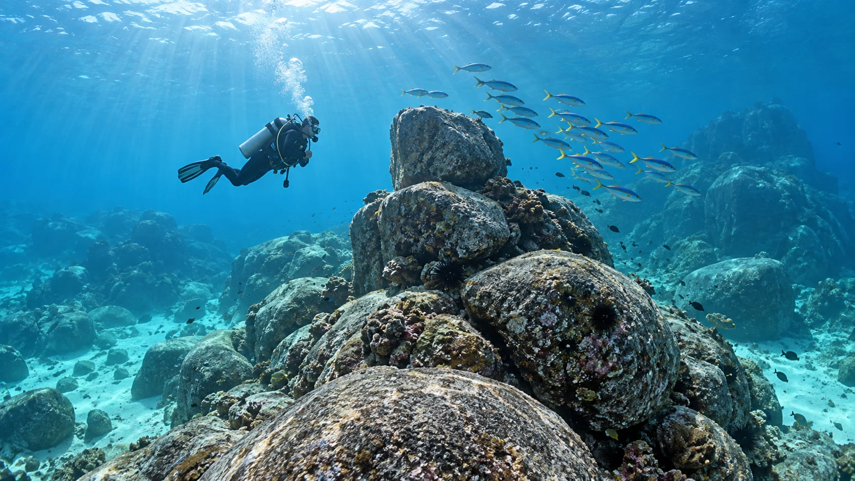 Taucher schwebt über Granitblöcken am No Name Pinnacle bei Koh Tao im türkisblauen Wasser