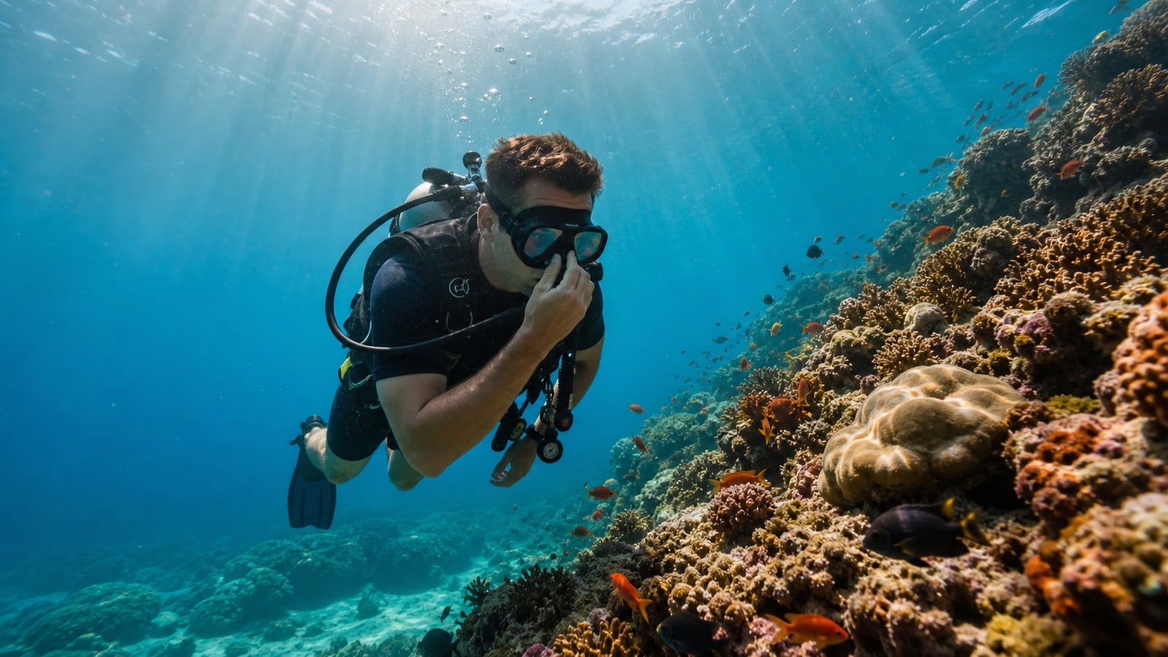 Taucher hält sich Ohr beim Druckausgleich unter Wasser auf Koh Tao