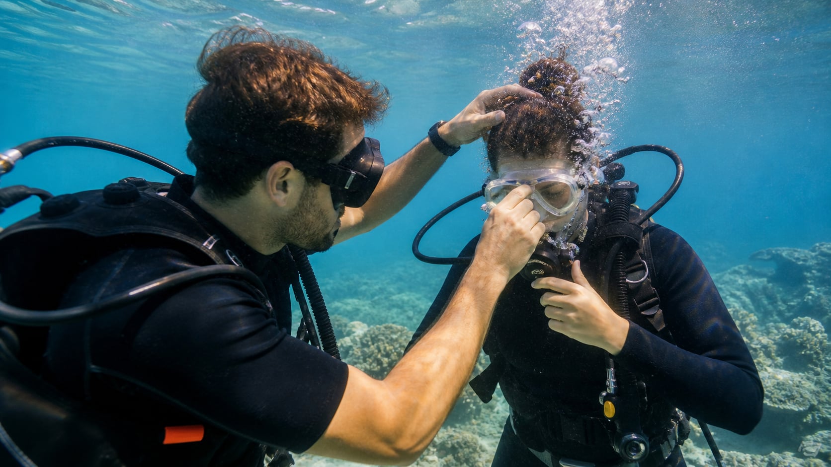 Taucher übt Maske ausblasen im flachen Wasser auf Koh Tao