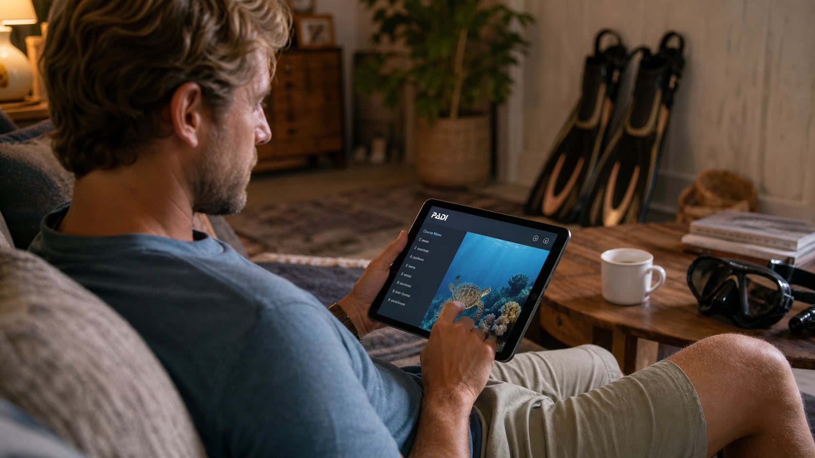 Taucher mit Tablet macht PADI eLearning zu Hause vor Koh Tao Reise