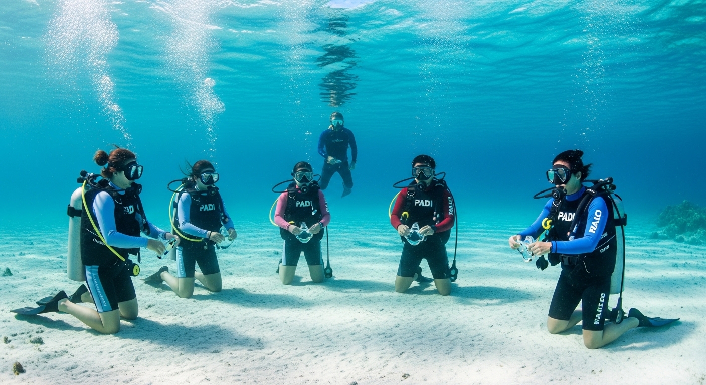 Tauchlehrer-Kandidaten beim PADI IDC Training im Wasser vor Koh Tao