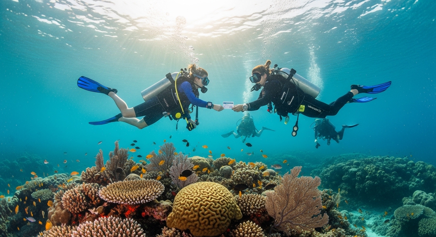 Taucher mit Zertifizierungskarte vor türkisem Wasser auf Koh Tao – PADI vs SSI Vergleich