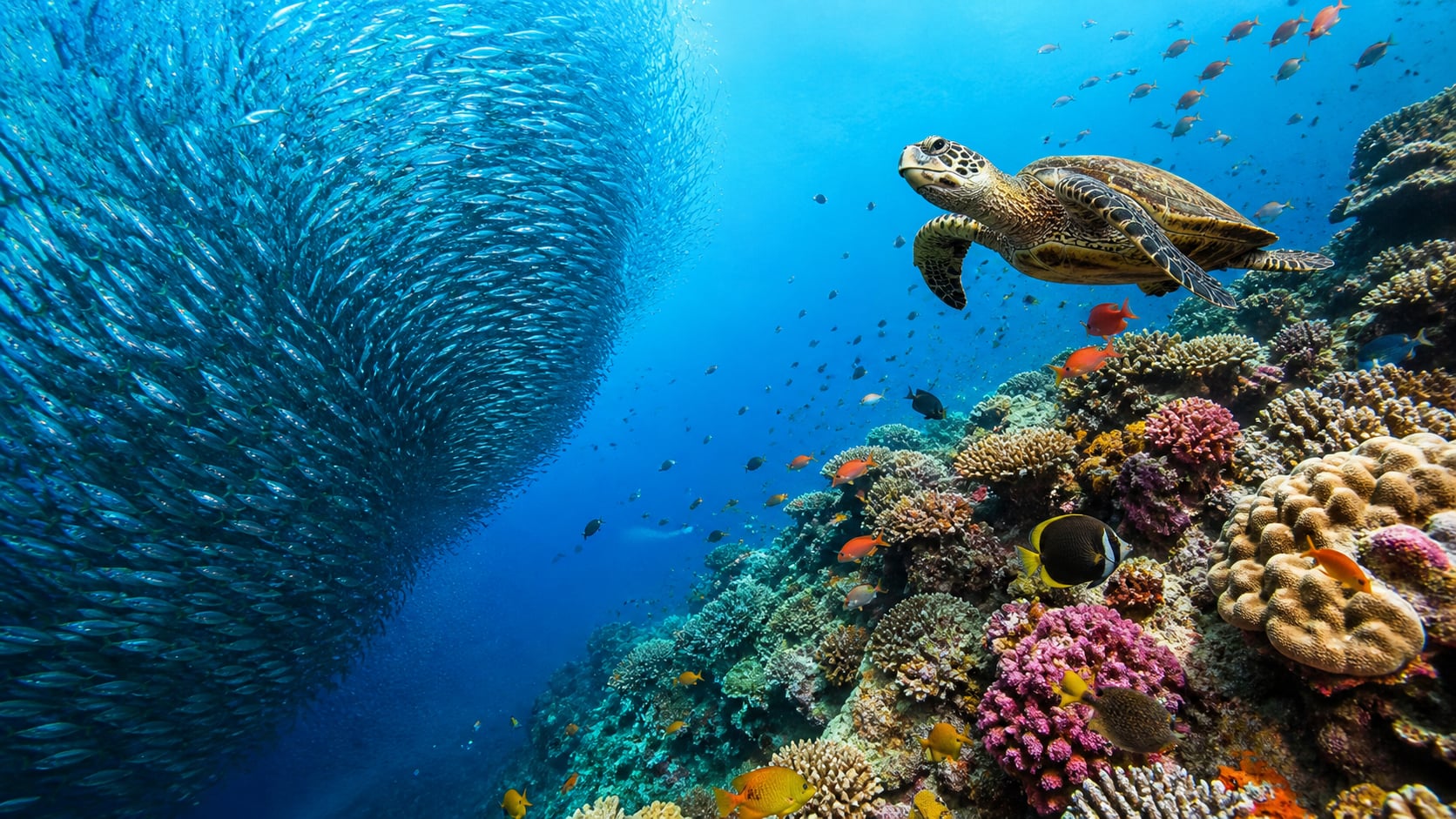 Taucher im Vergleich — Sardinen-Schule Moalboal Philippinen links, Korallenriff Koh Tao Thailand rechts, philippinen oder thailand tauchen