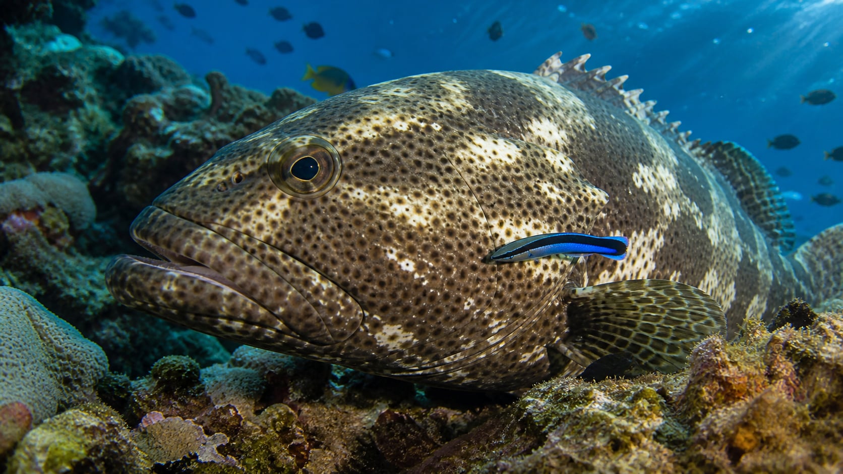 Bluestreak Cleaner Wrasse an einer Putzstation am Korallenriff von Koh Tao