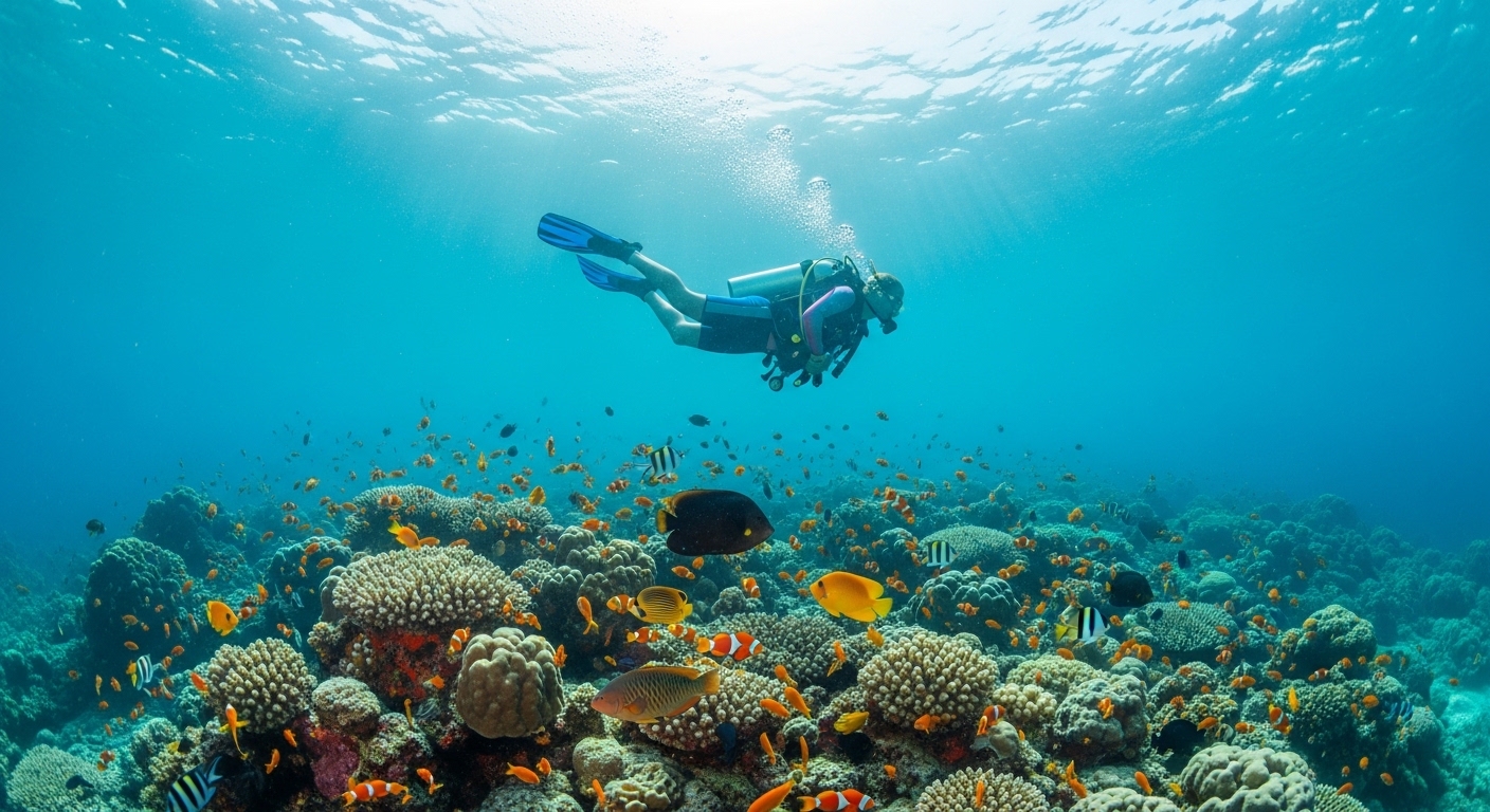 Taucher im schwarzen Langarm-Rash-Guard auf einem Tauchboot vor dem türkisblauen Wasser von Koh Tao