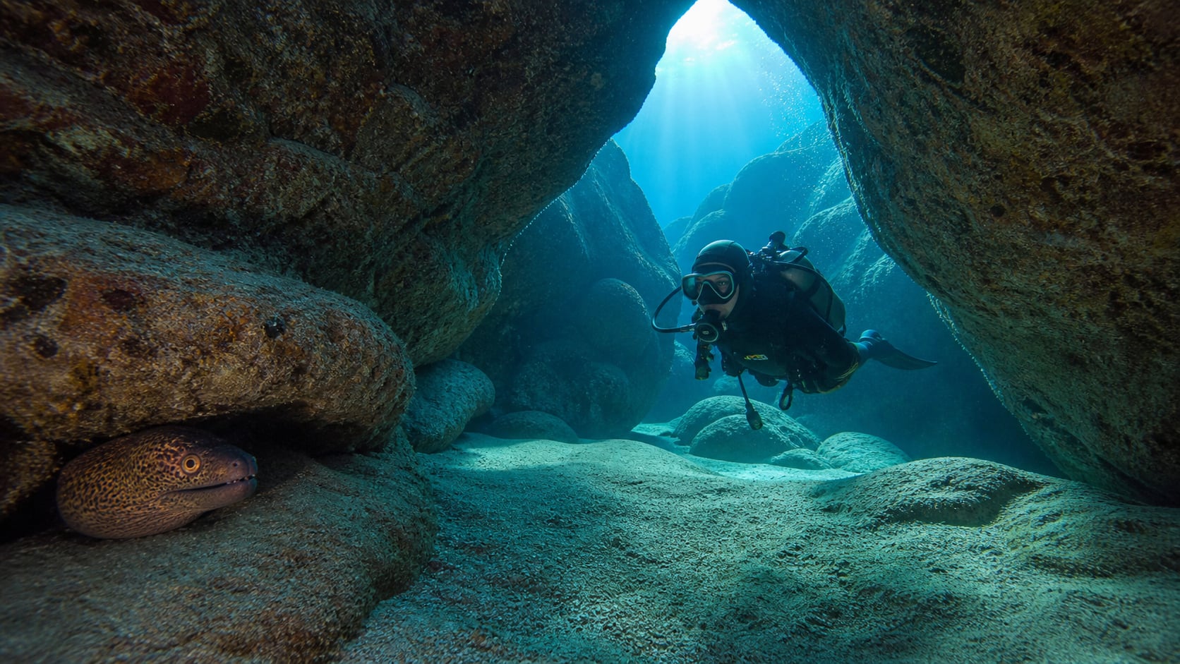 Taucher schwimmt durch einen engen Swim-Through am Red Rock Koh Tao bei Koh Nang Yuan