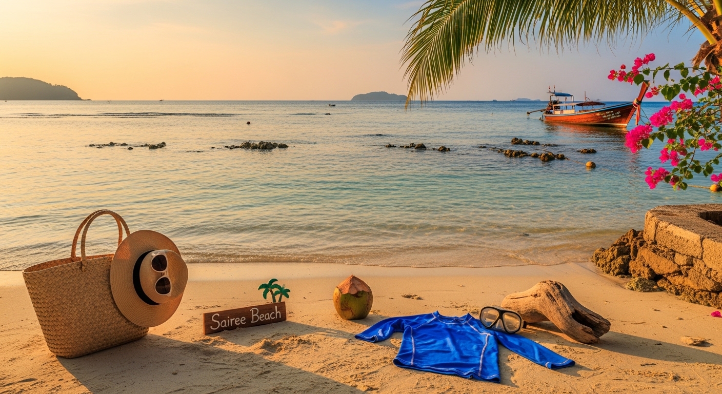 Reef-safe Sonnencreme neben Schnorchelausrüstung am Strand von Koh Tao
