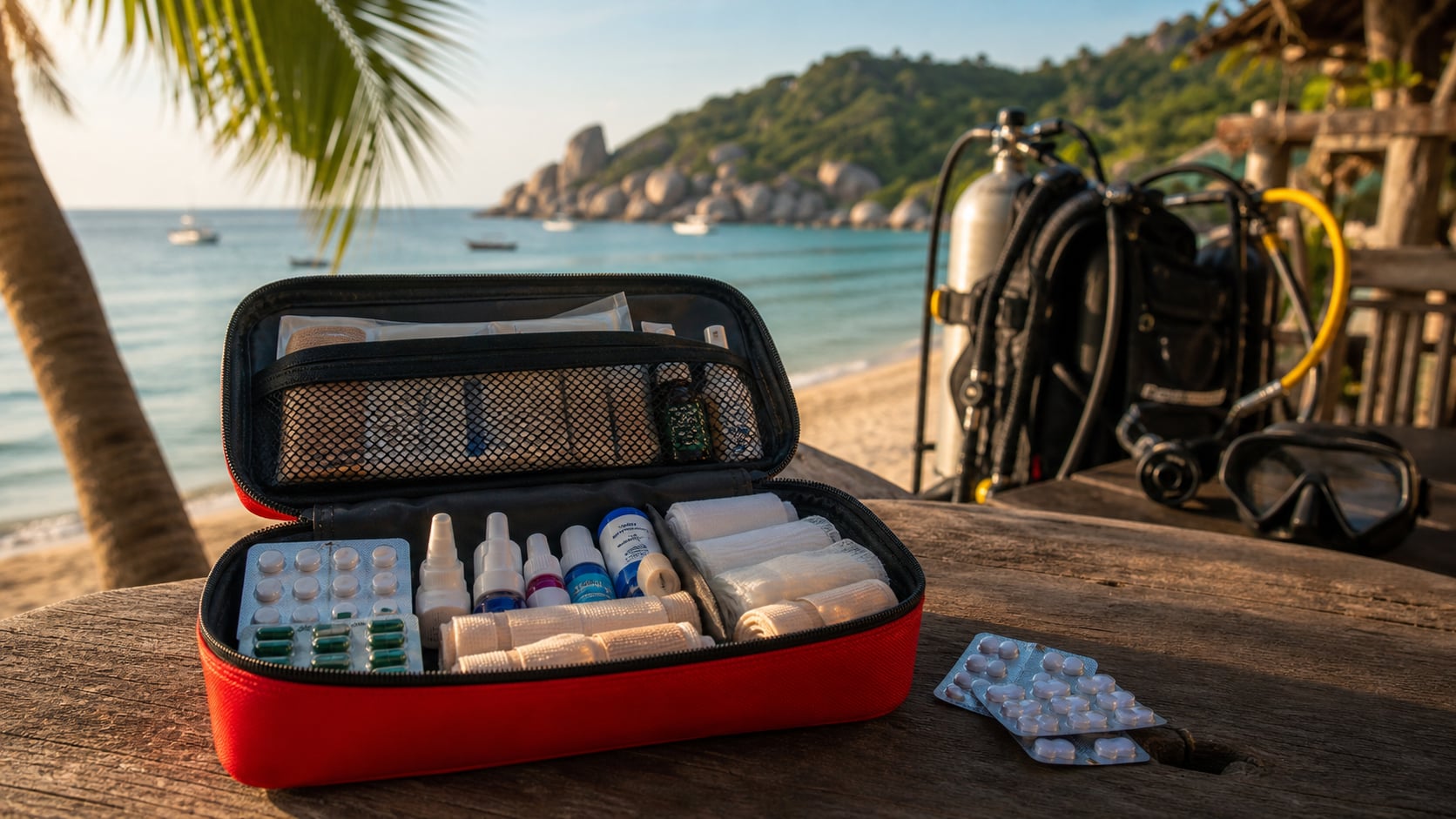 Geöffnete Reiseapotheke auf Holztisch mit Taucherausrüstung im Hintergrund, Koh Tao Thailand