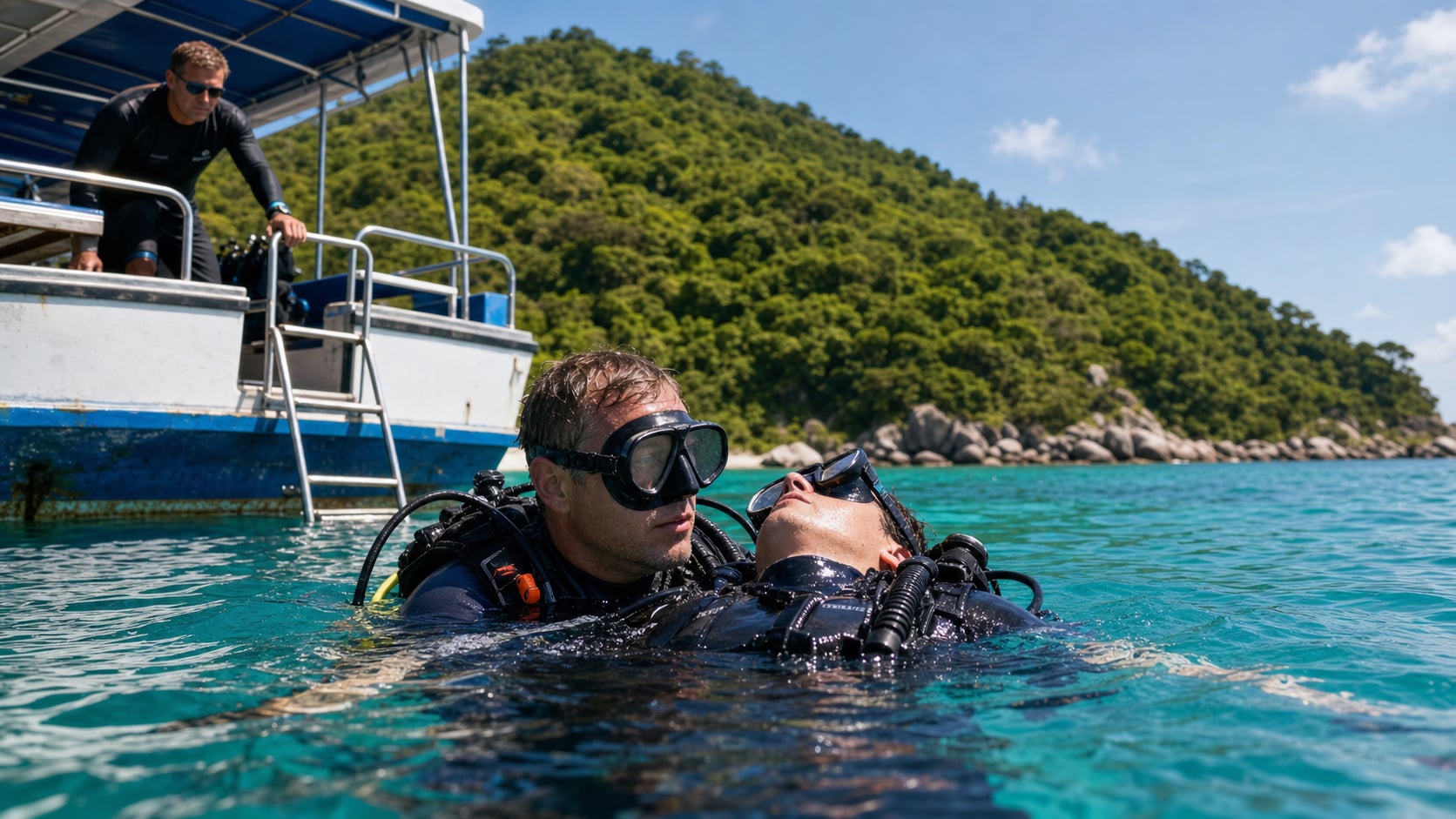 Taucher übt Rescue-Techniken im flachen Wasser auf Koh Tao