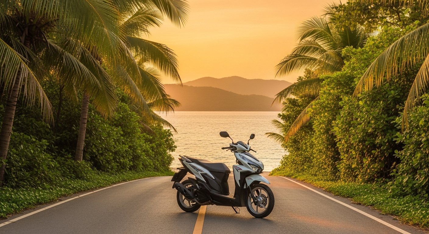 Roller auf einer Küstenstraße auf Koh Tao mit Meerblick und tropischer Vegetation