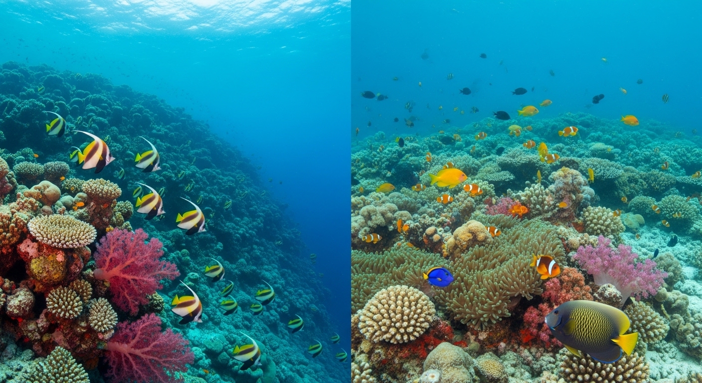Vergleich: Links Korallenriff im Roten Meer bei Ägypten mit blauem Tiefenwasser, rechts tropisches Riff auf Koh Tao Thailand mit bunten Fischen