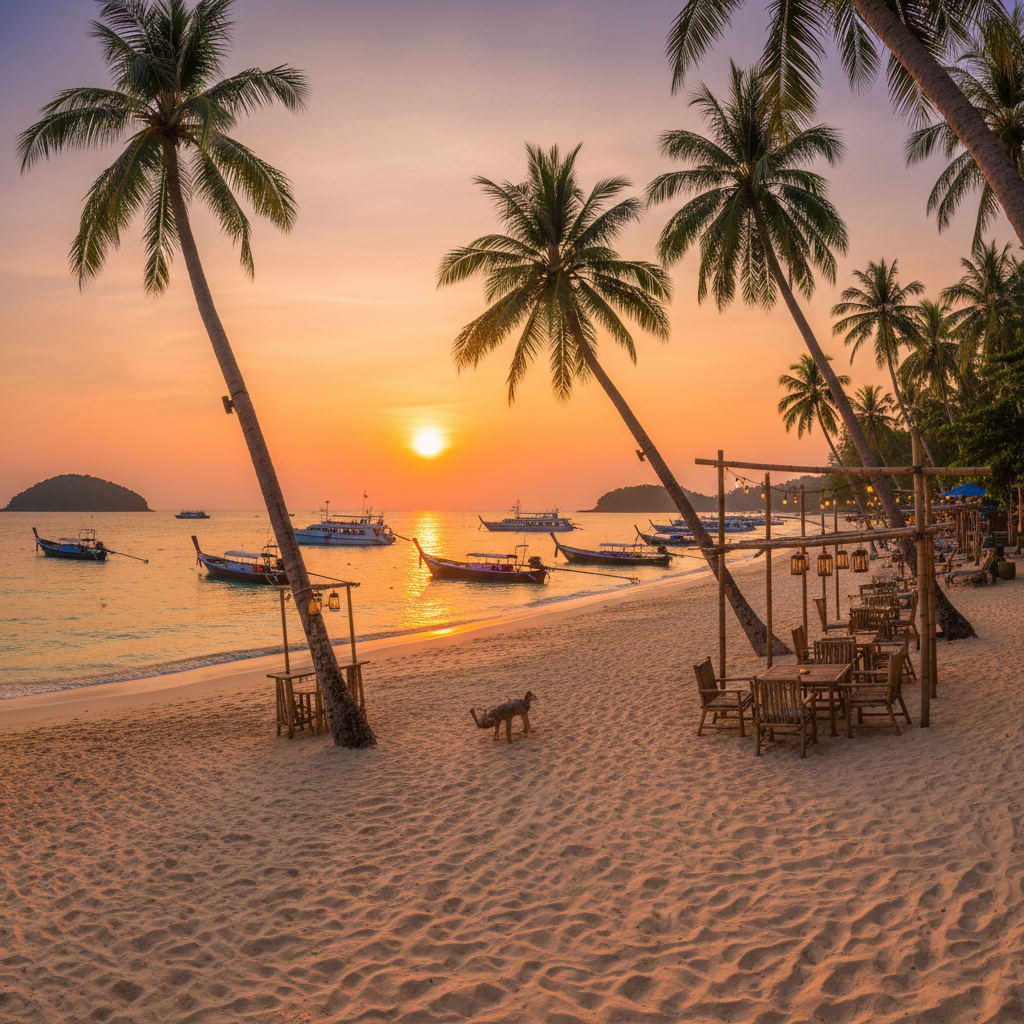 Sairee Beach auf Koh Tao bei Sonnenuntergang mit Palmen, Bars und türkisem Wasser