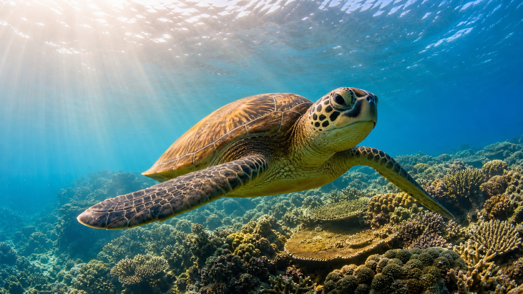 Grüne Meeresschildkröte gleitet über ein Korallenriff auf Koh Tao