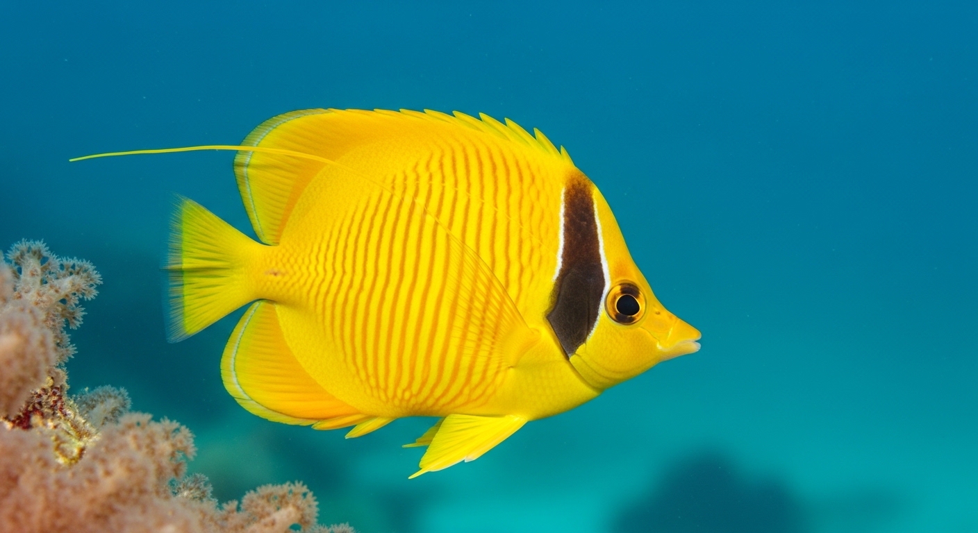 Leuchtend gelber Schmetterlingsfish schwimmt über einem bunten Korallenriff auf Koh Tao