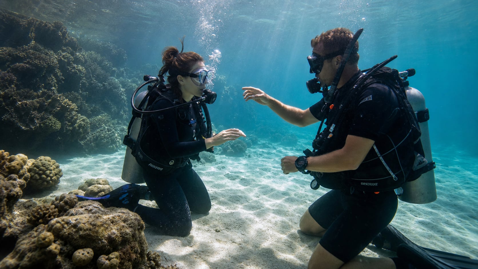 Tauchlehrer hilft Schüler beim Refresher Kurs im Pool