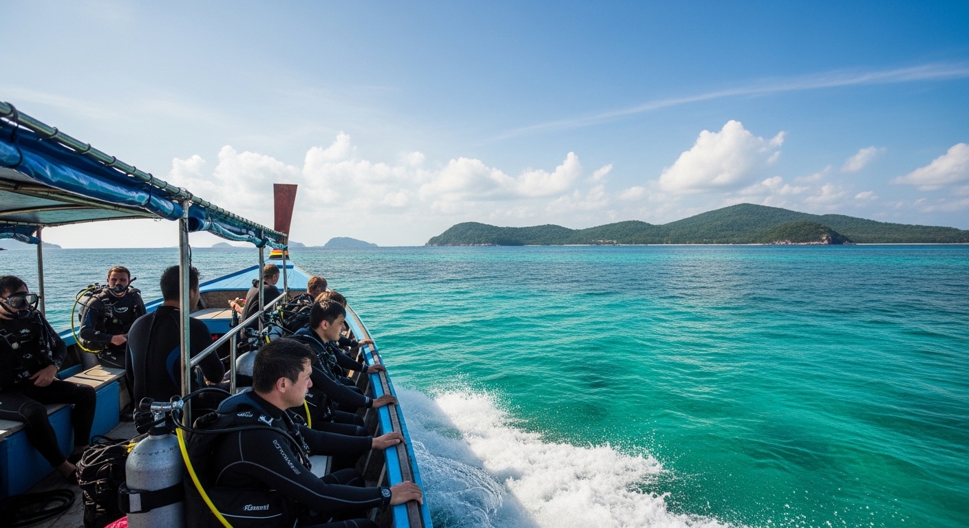 Taucher auf dem Weg zum Tauchspot auf einem Schnellboot im Golf von Thailand