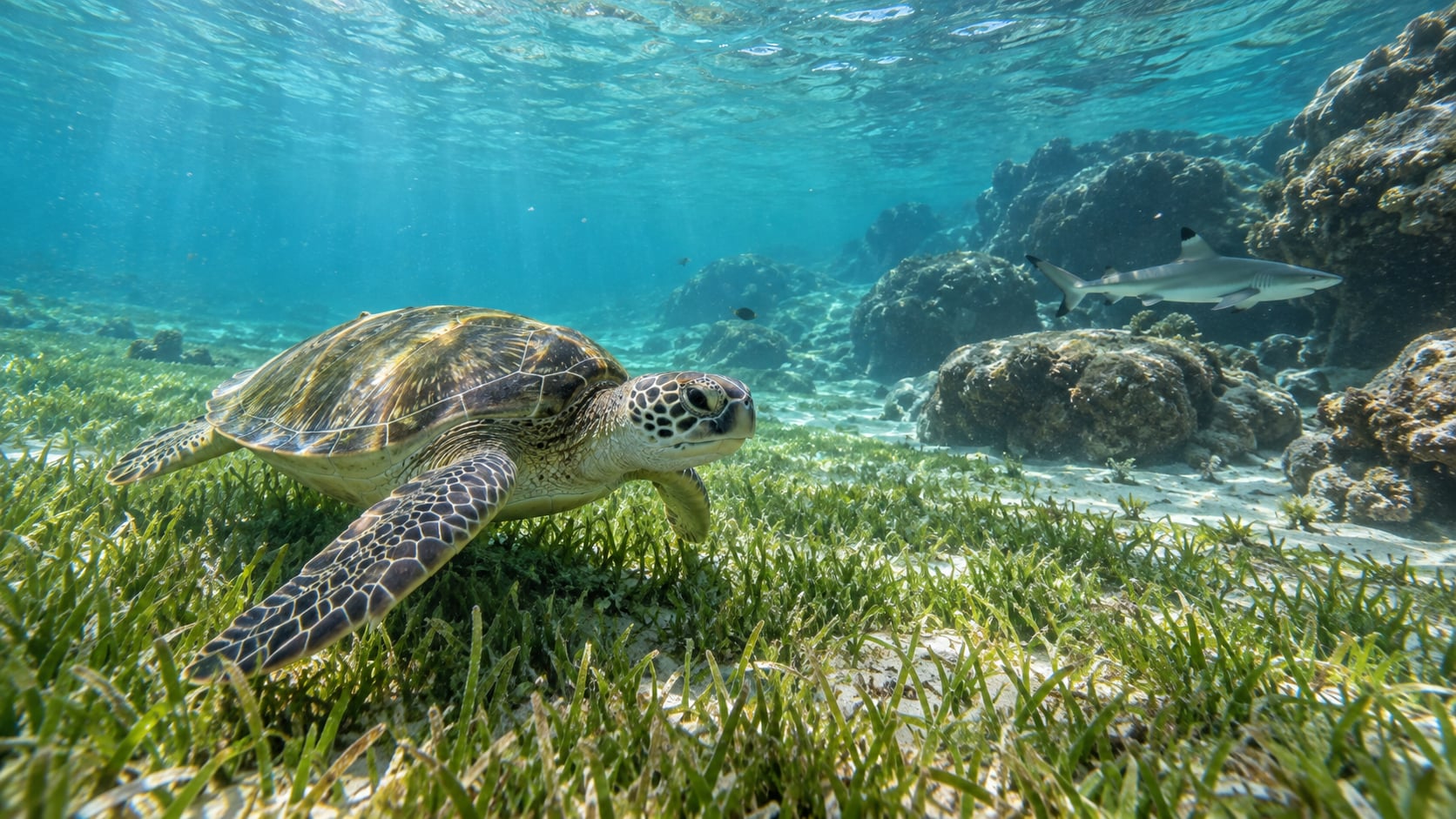 Meeresschildkröte in der Shark Bay auf Koh Tao beim Schnorcheln in kristallklarem türkisem Wasser