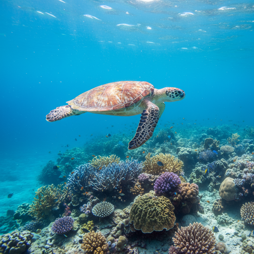 Meeresschildkröte in der Shark Bay auf Koh Tao beim Schnorcheln in kristallklarem türkisem Wasser