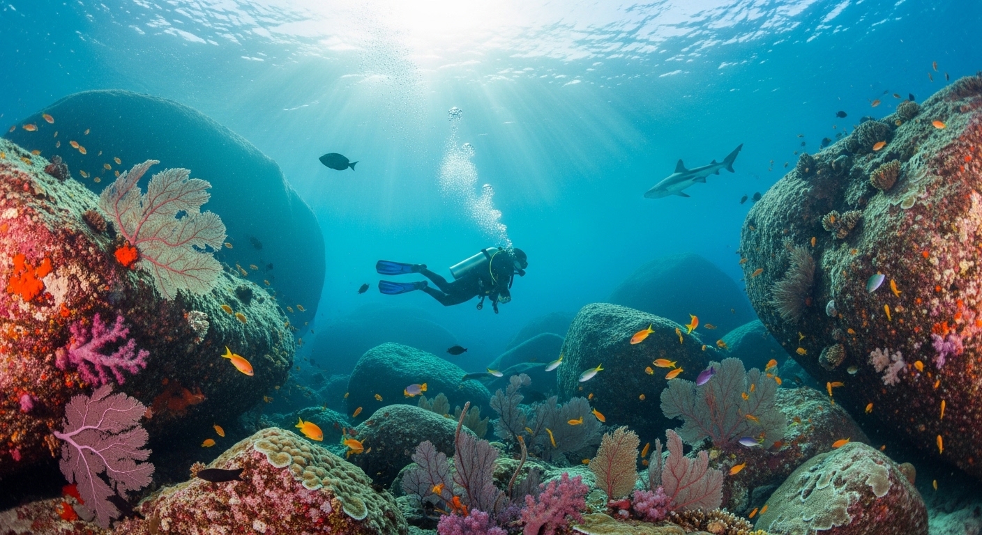 Taucher an Shark Island Koh Tao mit Felsformationen und Fischschwärmen im klaren Wasser