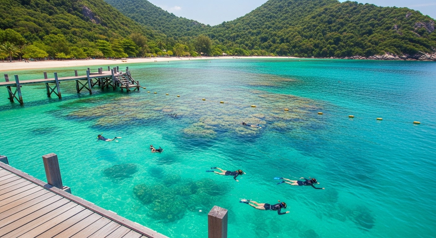 Taucher rüstet sich am Strand einer ruhigen Bucht auf Koh Tao für einen Tauchgang vom Ufer aus