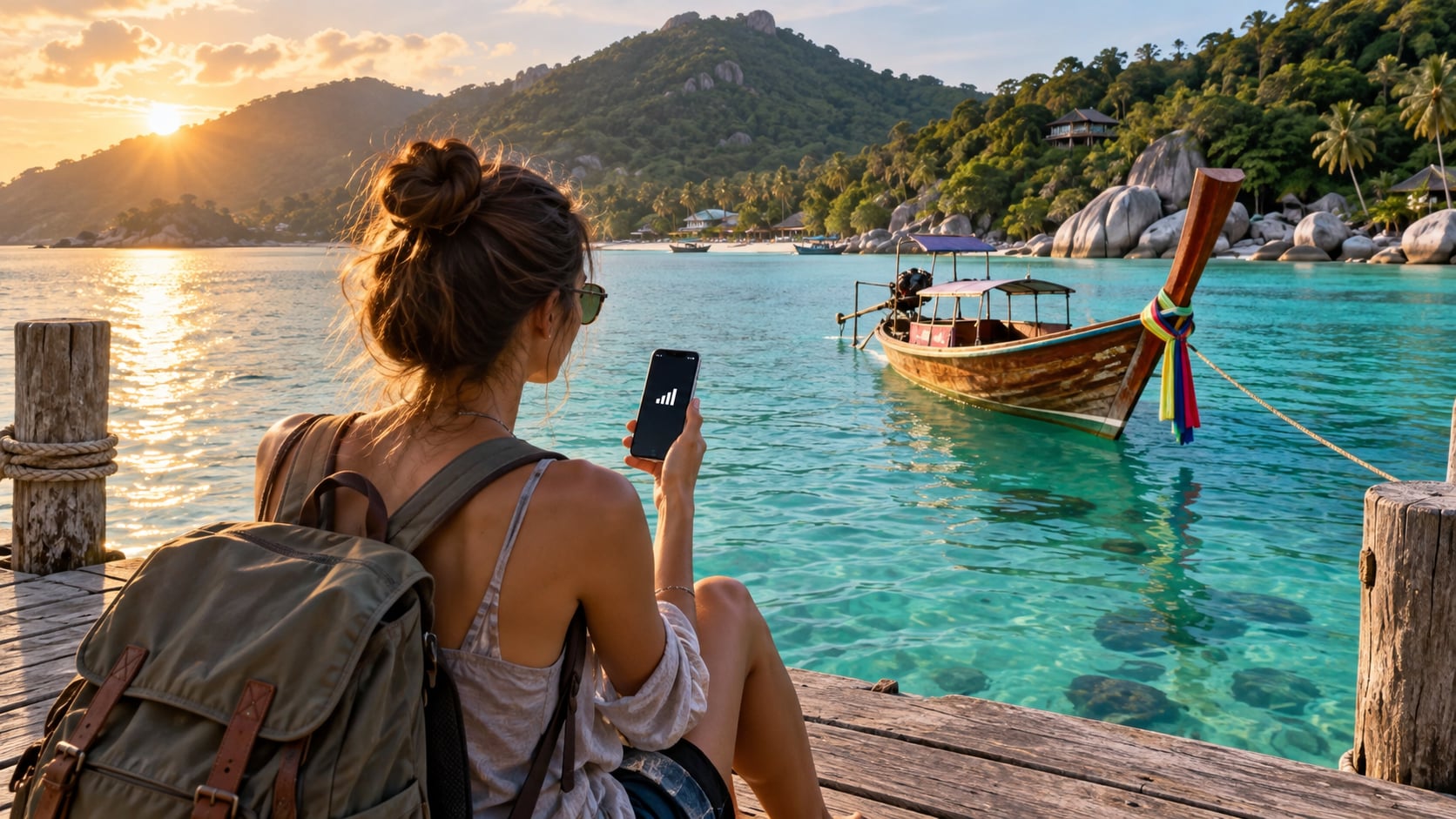 Smartphone mit eSIM Thailand und Koh Tao Tauchboot im Hintergrund