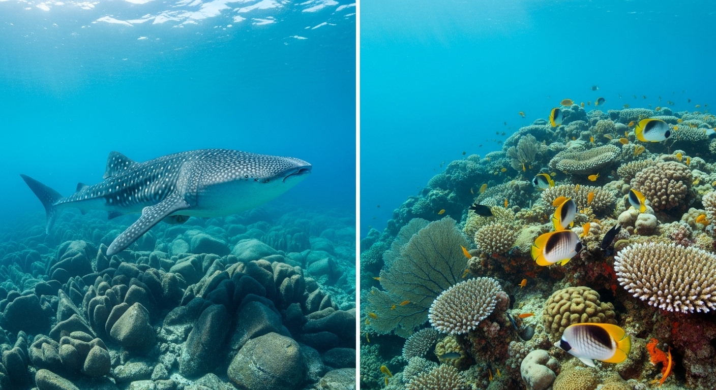 Zwei Unterwasserszenen nebeneinander – ein Walhai am Similan-Riff und ein Korallenriff mit bunten Fischen auf Koh Tao