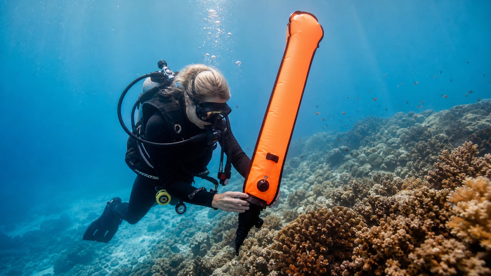 Taucher bläst eine orangefarbene SMB-Signalboje unter Wasser auf, vor einem Korallenriff auf Koh Tao
