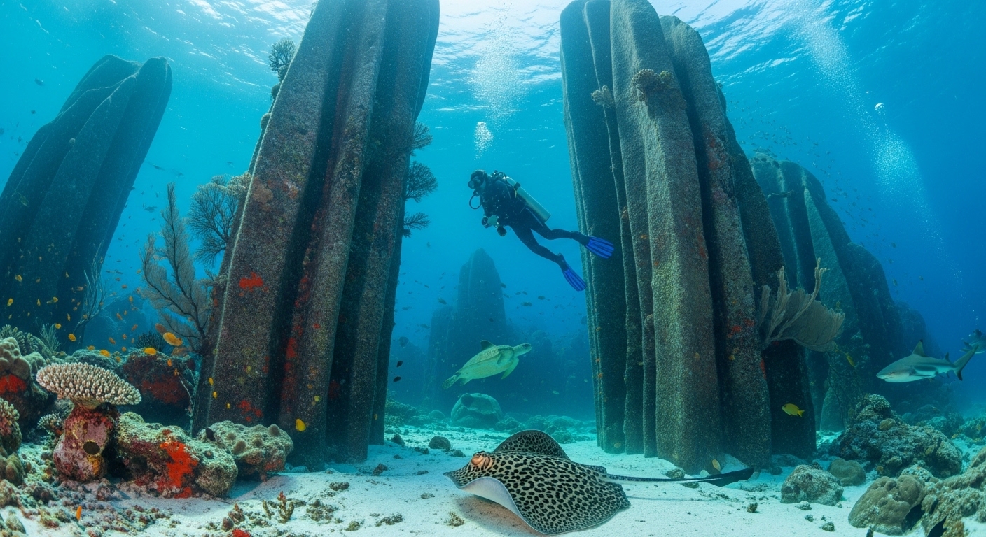 Taucher am Southwest Pinnacle Koh Tao – Korallenfelsen und Meereslife im blauen Wasser